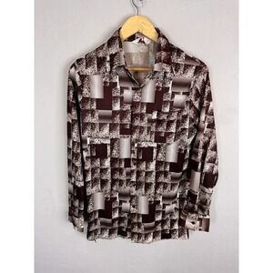 Vintage Impact Men Brown Geometric Disco Print Polyester Button Down Shirt M 70s
